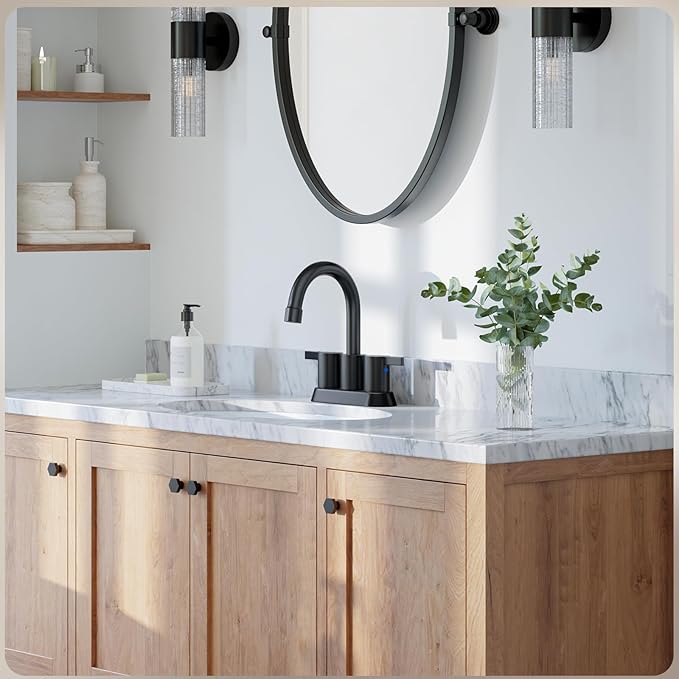 Phiestina 4 Inch 2 Handle Centerset Matte Black Lead-Free Modern Bathroom Faucet, 360 Swivel Spout 2-3 Hole RV Bathroom Vanity Sink Faucet with Pop Up Drain and Water Supply Lines,BF015-1-MB