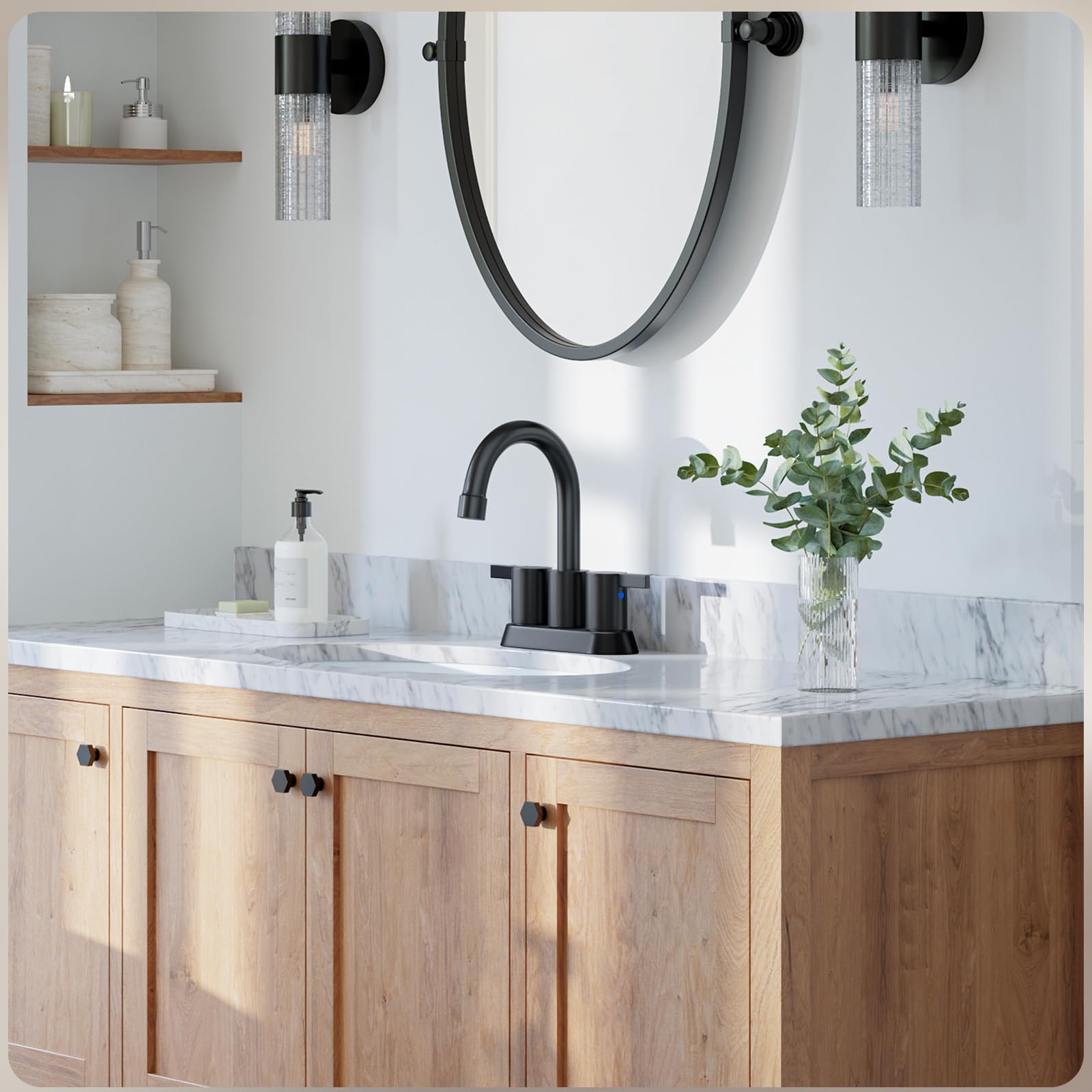 Phiestina 4 Inch 2 Handle Centerset Matte Black Lead-Free Modern Bathroom Faucet, 360 Swivel Spout 2-3 Hole RV Bathroom Vanity Sink Faucet with Pop Up Drain and Water Supply Lines,BF015-1-MB