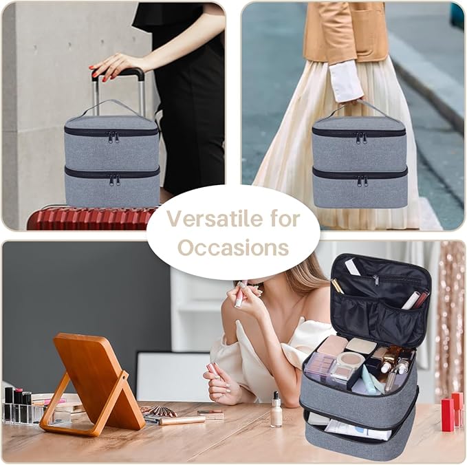 TANPADUAJI Double Layer Makeup Bag Portable Large Cosmetic Case Organizer with Adjustable Dividers Storage Travel Bag for Accessories Brushes Conditioner and Skin Care Products (Grey)