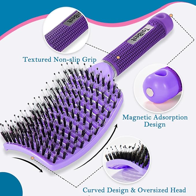 TaiBest Boar Bristle Hair Brush Set - Dry/Wet Hair Brush Detangler for Fine, Thick, Curly Hair - Curved and Vented Brush for Women, Men or Kids (Purple & Rose Red)
