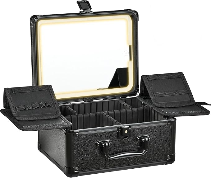 GALHUBIS Makeup Case with Lighted Mirror, Makeup Box Organizer with Detachable LED Mirror, Travel Makeup Train Case, Waterproof Cosmetic Organizer, Standing Makeup Brush Holder, Gift, Black