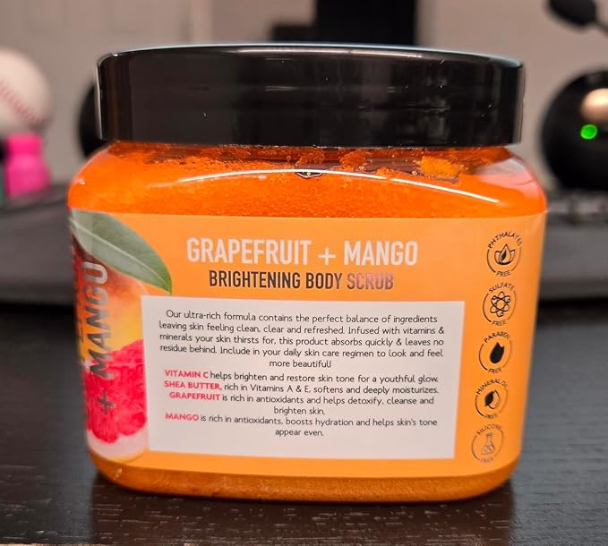 Grapefruit & Mango Sugar Scrub - Exfoliating & Hydrating Body Scrub With Shea Butter & Vitmain C to Help Brighten & Soften Skin for a Radiant Glow, Body Care Exfoliator & Cleanser, 21oz