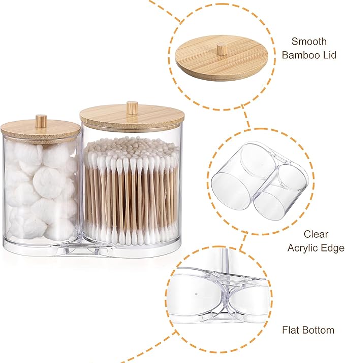 Hipiwe Acrylic Cotton Swab Holder Clear Qtip Dispenser with lid 2 Compartment Bathroom Accessories Storage Canister for Cotton Ball Vanity Makeup Organizer