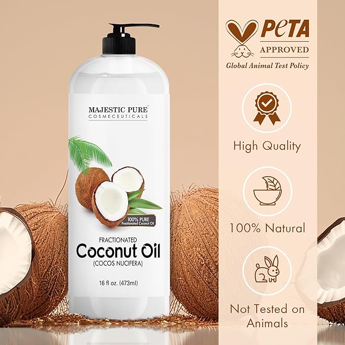 Majestic Pure Fractionated Coconut Oil – Lightweight Liquid Carrier Oil for Essential Oils, Massage, Skin, Hair & DIY Personal Care Applications -16 Fl Oz