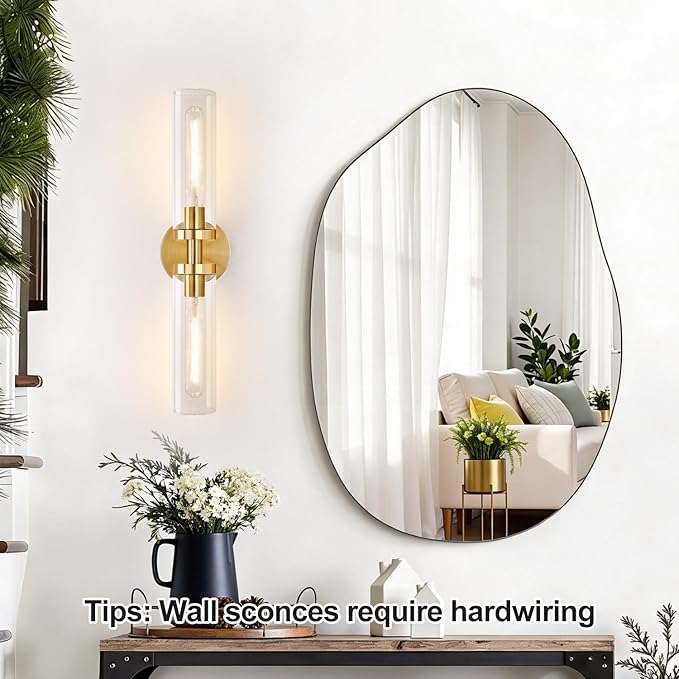 Brushed Gold Wall Sconces, Hardwired Bathroom Sconces Wall Lighting with Clear Glass, Modern Sconces Wall Light fixtures for Bathroom Mirror Living Room Hallway Bedroom