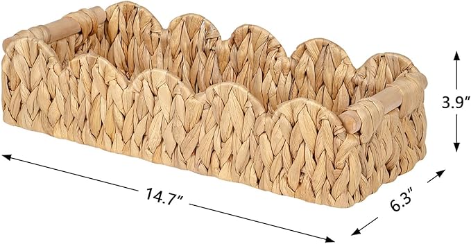 Wicker Bathroom Basket Tray Organizer w/Scalloped for Toilet Paper, 2PCS Rattan Decorative Basket for Bathroom Decor, Farmhouse Home Decor, Living Room and More, Natural Water Hyacinth