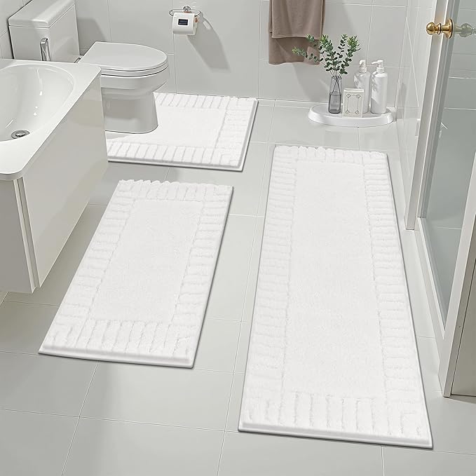 Pauwer Bathroom Rugs Sets 3 Piece, Microfiber Bath Mat Set, White