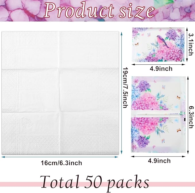 Geyee 50 Packs Tissue Travel Size Facial Paper Napkins Travel Packs Disposable Pocket Tissues for Wedding Guest Traveling School Purse Home Supplies, 500 Sheets 3 Ply(Hydrangea)