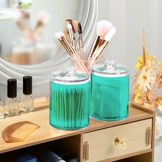 Turquoise Qtip Holder Organizer Dispenser Cotton Swabs Cans Plastic Jars with Lid Set 4 Pack Bathroom Storage Canister for Cotton Ball Floss Cotton Pads