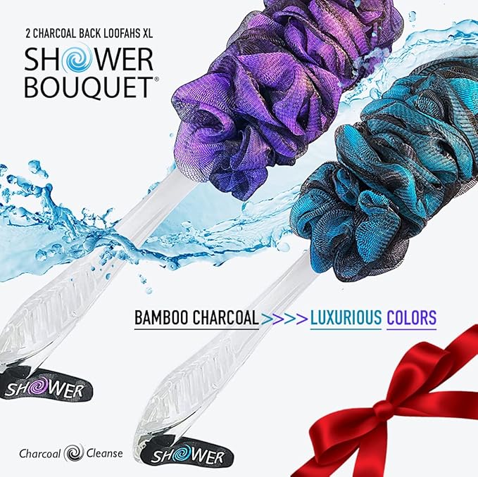 SHOWER BOUQUET Color-Charcoal Back-Loofah-with-Handle | 2-Pack Loofa Lufa