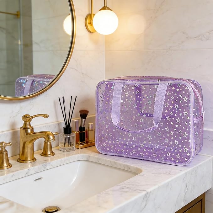TotePrint Clear Star Large Cosmetic Bag and Travel Pouch with Handle,Durable Material,Zipper Design-Ideal for Makeup,Travel Essentials (Purple+Shiny Star)