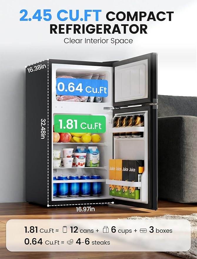 COWSAR 2.5 Cu.Ft Mini Fridge with Freezer, Double Reversible Door Compact Dorm Refrigerator with 2 Removable Shelves, Commercial Apartment Fridge for Bedroom, Office, Kitchen, Dorm, Black