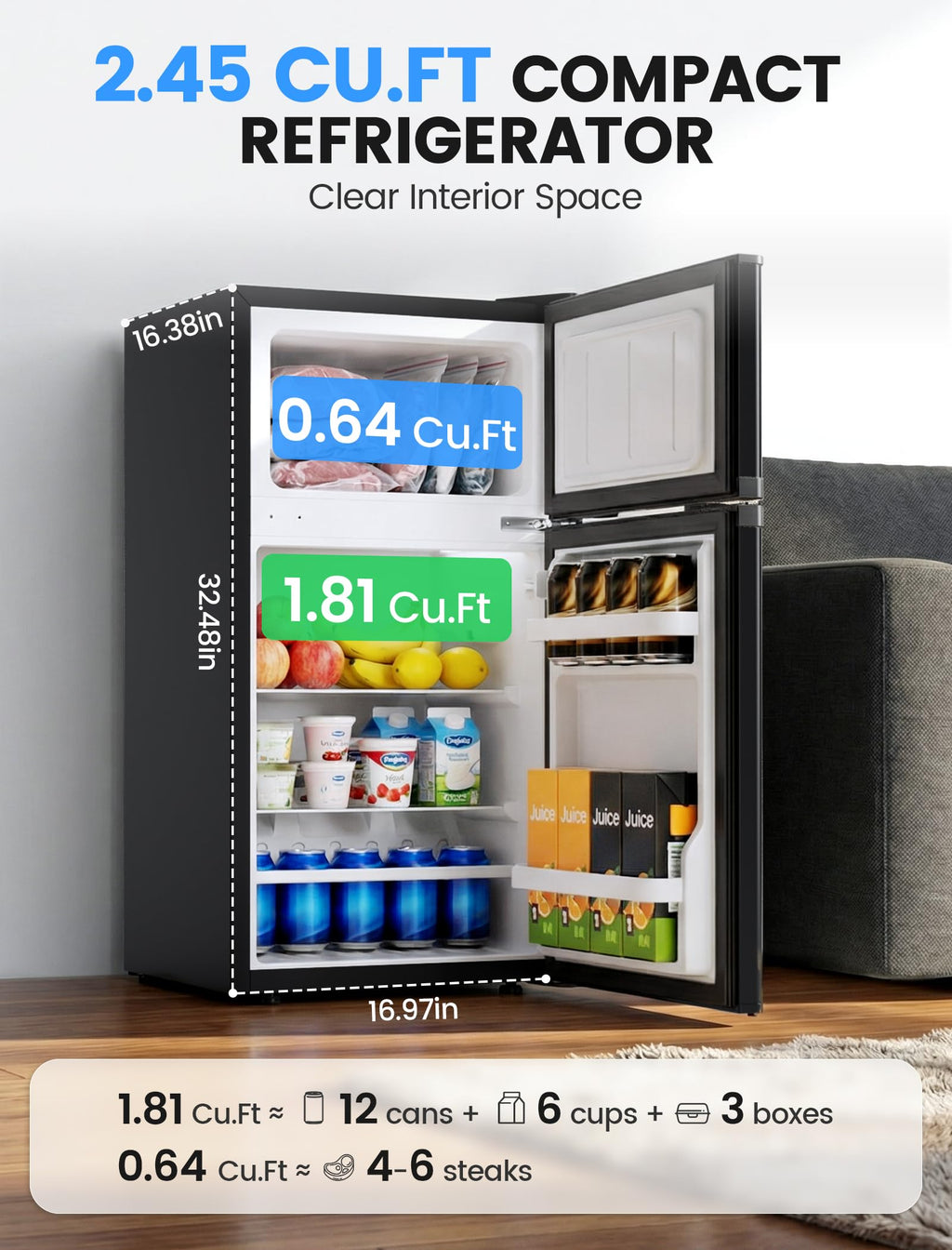 COWSAR 2.5 Cu.Ft Mini Fridge with Freezer, Double Reversible Door Compact Dorm Refrigerator with 2 Removable Shelves, Commercial Apartment Fridge for Bedroom, Office, Kitchen, Dorm, Black