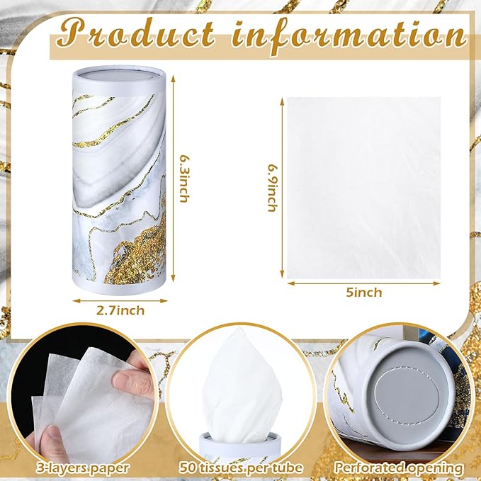 Fourluoo 12 Pack Car Tissue Cylinder Holder Bulk with 3 Ply Facial Tissues, Round Napkin Holders for Car Cup Holder Cylinder Travel Paper Tubes Bulk Round Napkin Boxes Packs(Marble)