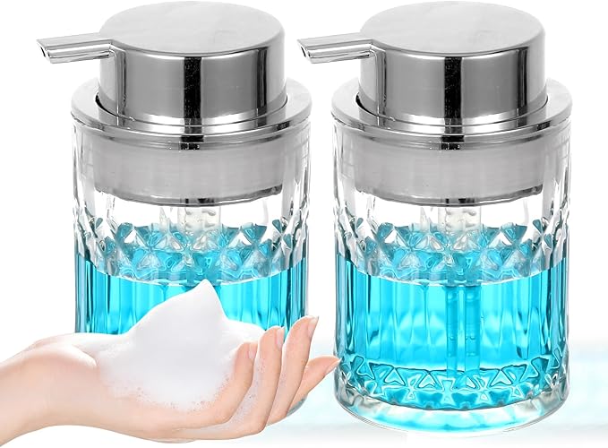 PLOUTA HOME Foaming Soap Dispenser,2 Pack Clear Glass Foam Hand Soap Dispenser for Bathroom, Refillable 8 Fl Oz Foamy Pump Bottle with Large Sliver Pump,Vintage Dish Soap Foam Dispenser