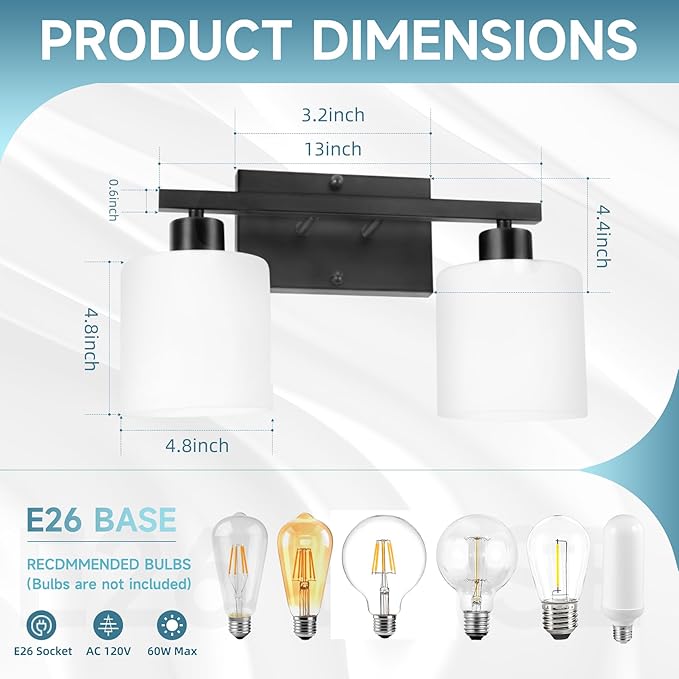 CANMEIJIA 2-Light Bathroom Vanity Light Fixtures, Matte Black Vanity Wall Scones Lighting for Bedroom Living Room, Modern Vanity Lights with Milky White Glass Shades, E26 Socket, Bulbs Not Included