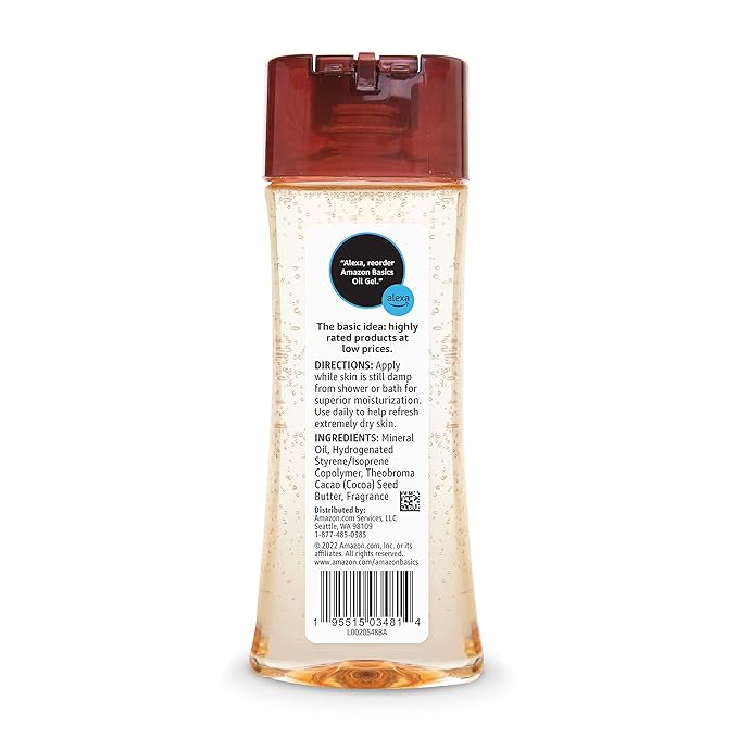 Amazon Basics Body Oil Gel with Cocoa Butter, Paraben Free, for Very Dry Skin, 6.8 Fl Oz, 1-Pack (Previously Solimo)