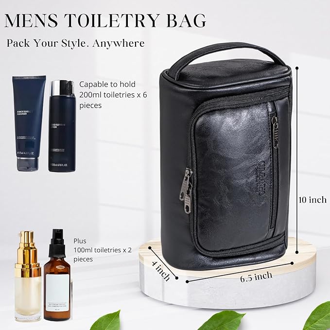 Mens Toiletry Bag, Compact Dopp Kit for Men Travel, PU Leather Shaving Kit, Water-Resistant Minimalist Organizer with Wrist Strap, Fits Grooming Essentials,Large 10x6.5x4 Inch Classic Black