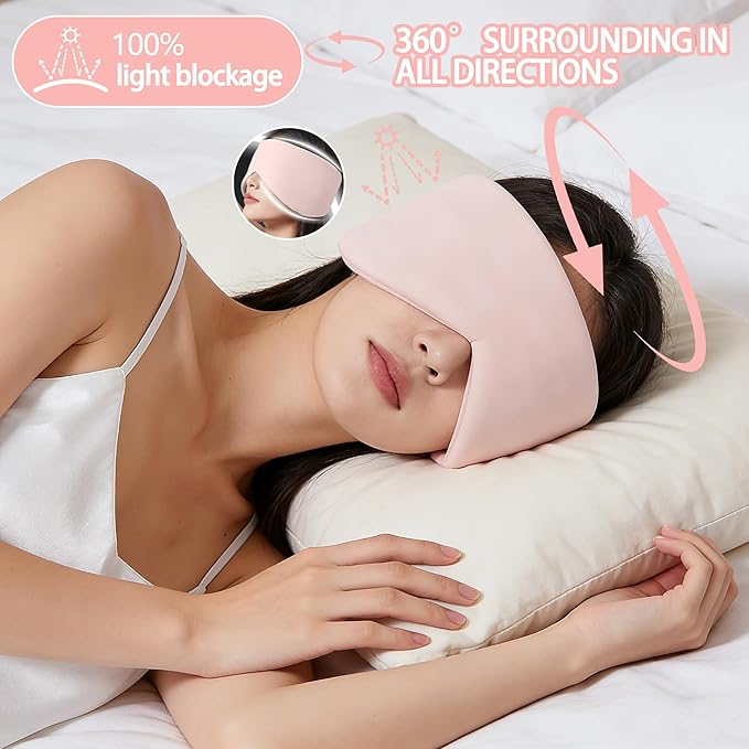 Vettres Reversible Warm & Cool Sleep Mask Wrap-Around Blackout Eye Masks for Side Sleepers Adjustable Unisex Eye Cover for Travel Office & Rest Pink