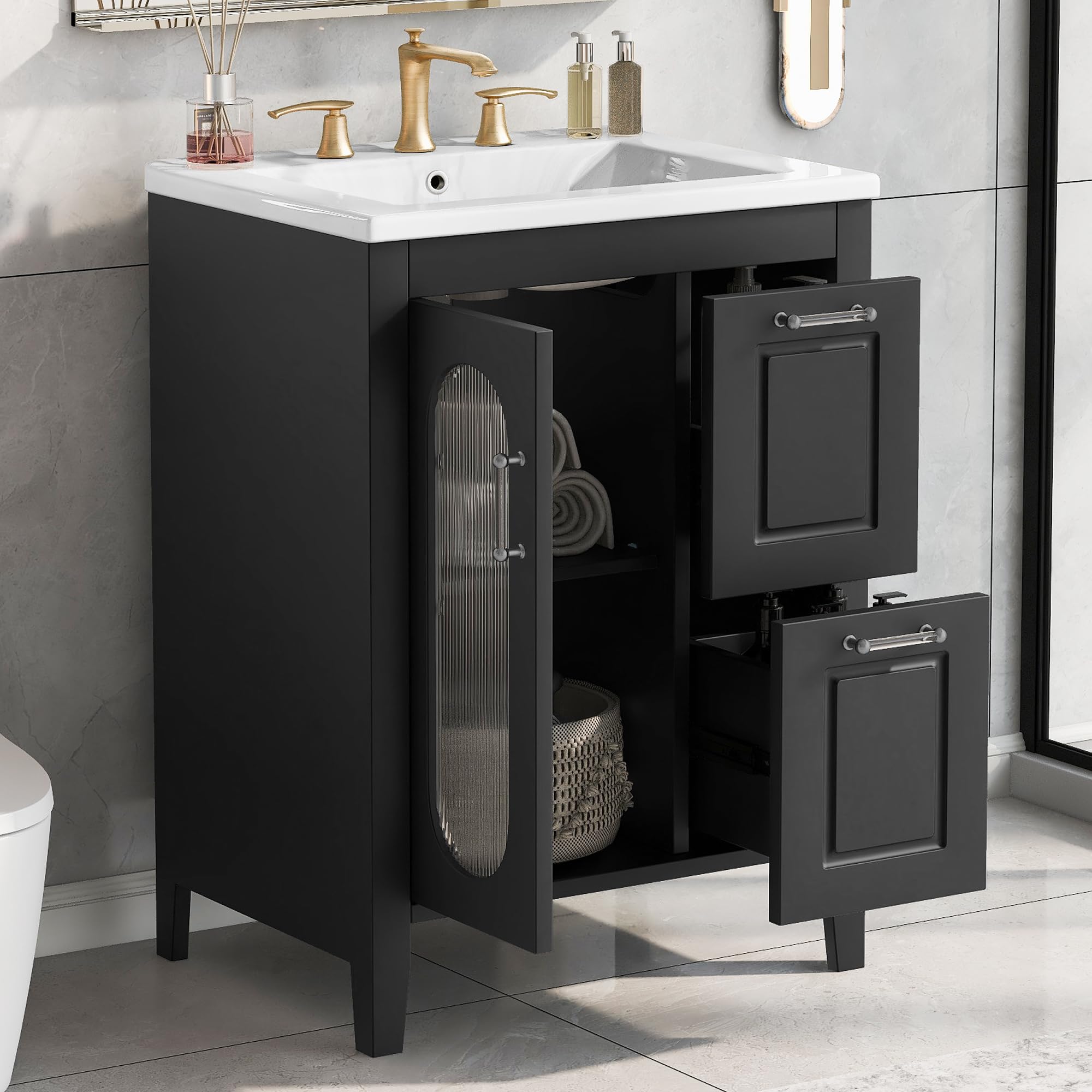 Harper & Bright Designs 24" Bathroom Vanity with Sink, Free Standing Single Basin Vanity Set with Two Drawers and Glass Door, Modern Wooden Bathroom Cabinet with Ceramic Basin for Bathroom, Black
