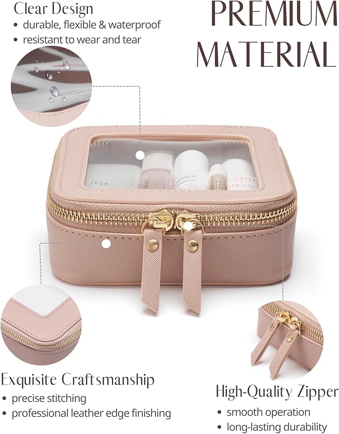 Small Makeup Bag for Purse Mini Cosmetic Bag Clear Pink Square Pouch for School Cute Leather Make Up Case Travel Organizer for Backpack Tiny Toiletry Bag with Zipper for Car Essentials Women Girls