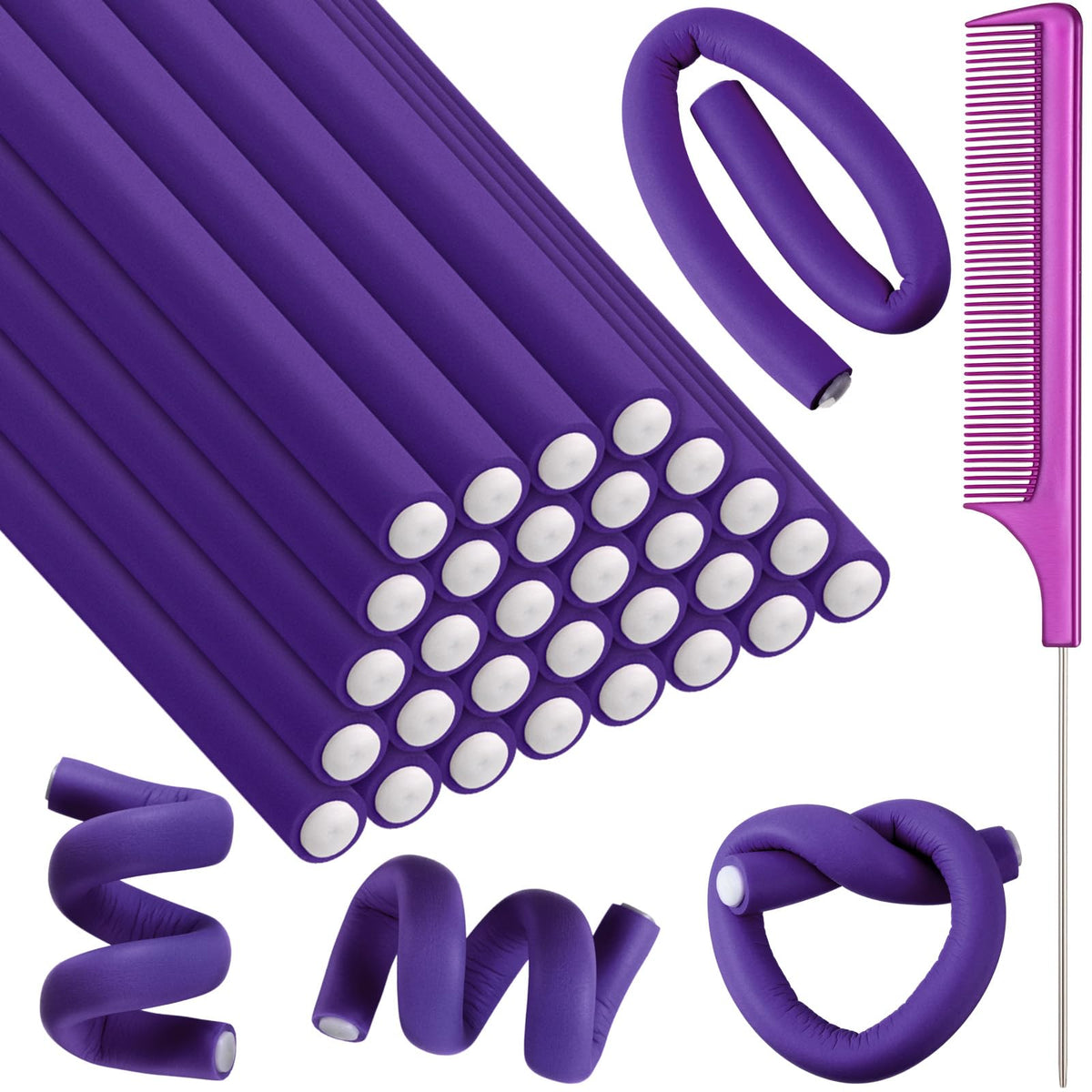 Syhood 30 Pcs 7'' Flexi Rods Hair Rollers No Heat,Purple,7 X 0.47 Inch