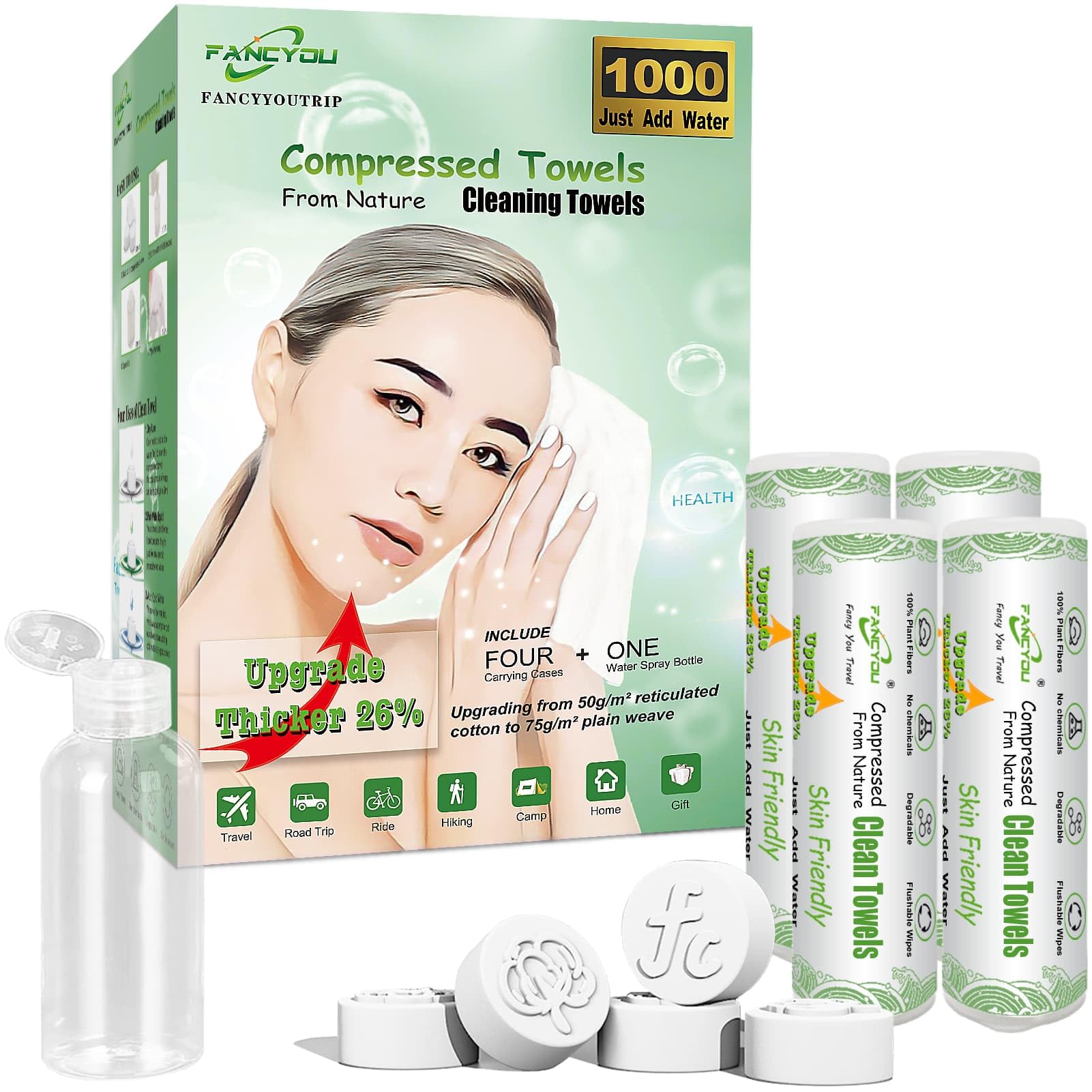 1000Pcs Compressed Towel Mini Tablets Disposable Face Towelette with 4 Cases, Coin Tissue Facial Cleansing Towels Washcloths for Travel Home Hand Wipes, Camping, Hiking, Outdoor, Ultra Soft and Thick