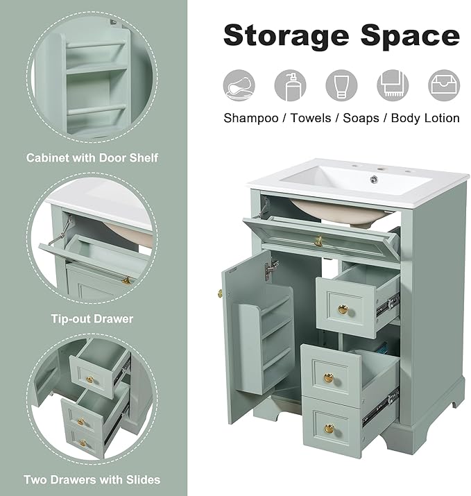 Harper & Bright Designs 24" Bathroom Vanity with Sink, Free Standing Bathroom Vanity Set with Flip Drawer, 2 Drawers, and Storage Rack, Wood Storage Cabinet with Ceramic Basin for Bathroom, Green