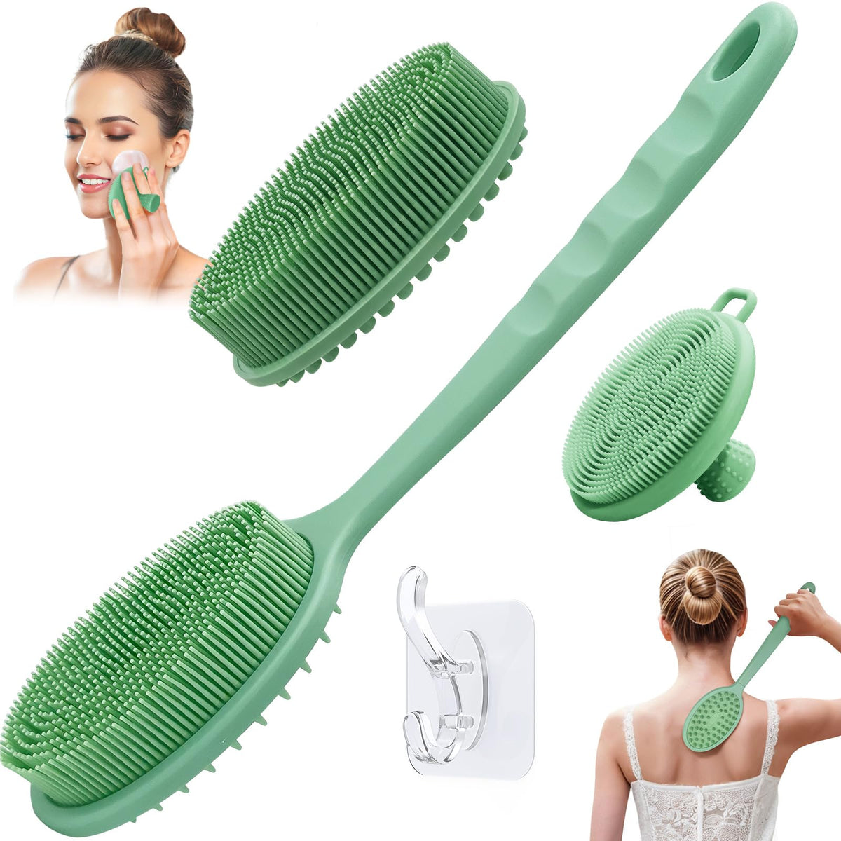 GEENOA Silicone Back Washer for Shower, Gentle Exfoliating Body & Back Scrubber with Handle, Silicone Loofah with Two Dual-Side & Replaceable Brush Heads(Green-Two Heads)