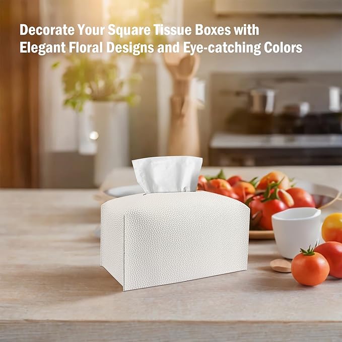 PARIERIS Tissue Box Cover PU Leather Tissue Holder Rectangle Facial Tissue Case Tissue Box Organizer Dispenser for Bathroom, Kitchen, Home, Office, Tabletop (White, Short)
