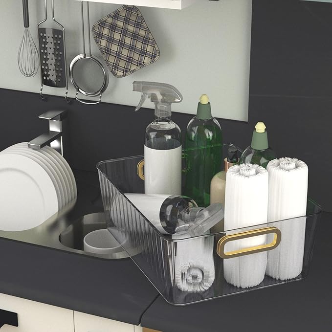 4 Packs Clear Plastic Storage Bins, Pantry, Home, Kitchen, Office, Cabinet, Shelf and Fridge Organizer Basket Bin with Handle