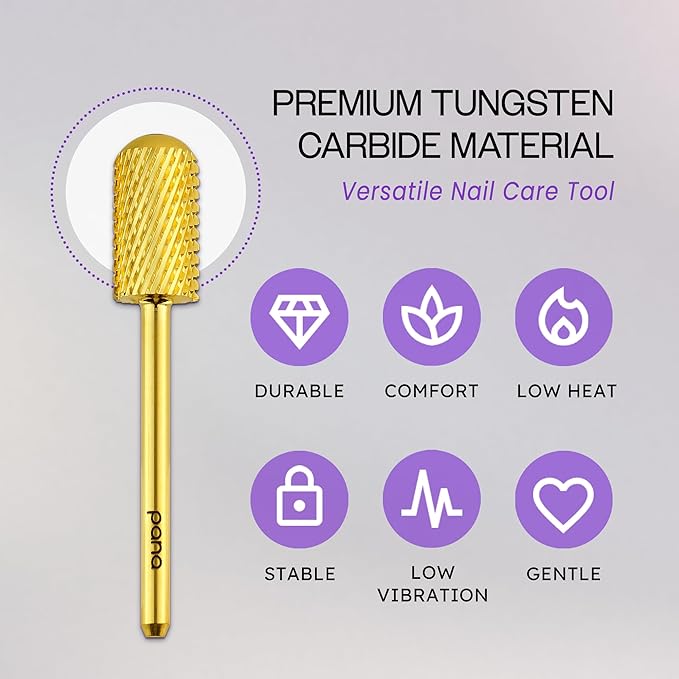 PANA 3/32" Large Smooth Round Top Safety Carbide Nail Drill Bit for Gel Polish & Acrylic Removal Nail Salon Manicure Pedicure Electric File Tools (Large Barrel - Gold, Coarse)