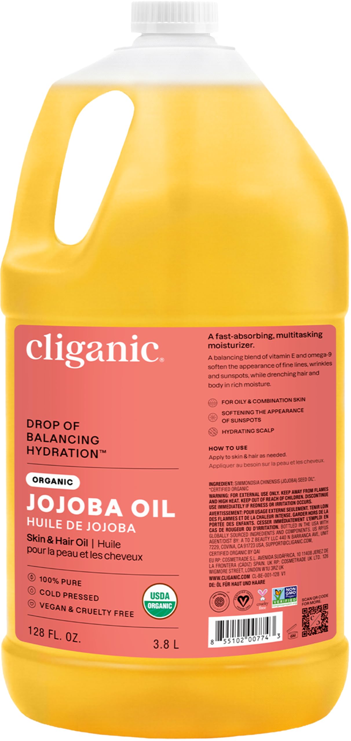 Cliganic Organic Jojoba Oil Bulk, Gallon Size 128oz, 100% Pure - Non-GMO