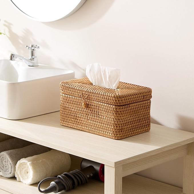 Rattan Rectangular Tissue Box Cover, 10.8" x 6.7" x 5.5", Decorative Woven Facial Tissue Holder with Hinged Top Lid, Fits Up to 180 Sheets, Natural Color