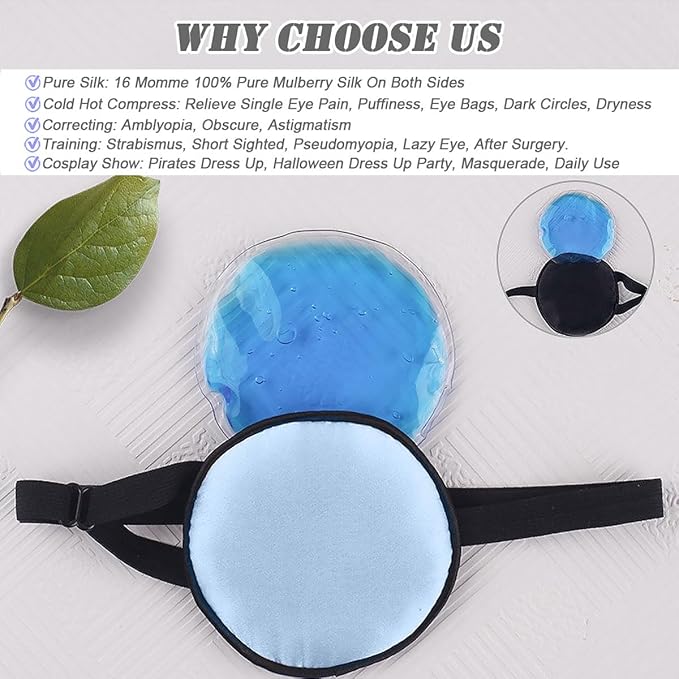 Cooling Eye Patches for Puffy Eyes, Pure Silk Ice Eye Patch, Single Eye Mask, Medical One Eye Cover Cold Hot Therapy Strabismus Lazy Eyes After Surgery Adult Kid Pirate Eyepatch (Blue)