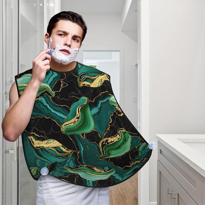 Non-Stick Beard Shaving Bib, Hair Catcher Apron with Suction Cups, Waterproof Grooming Tool for Men Husband, Teal Turquoise Green Gold Black Marble Shave Bib