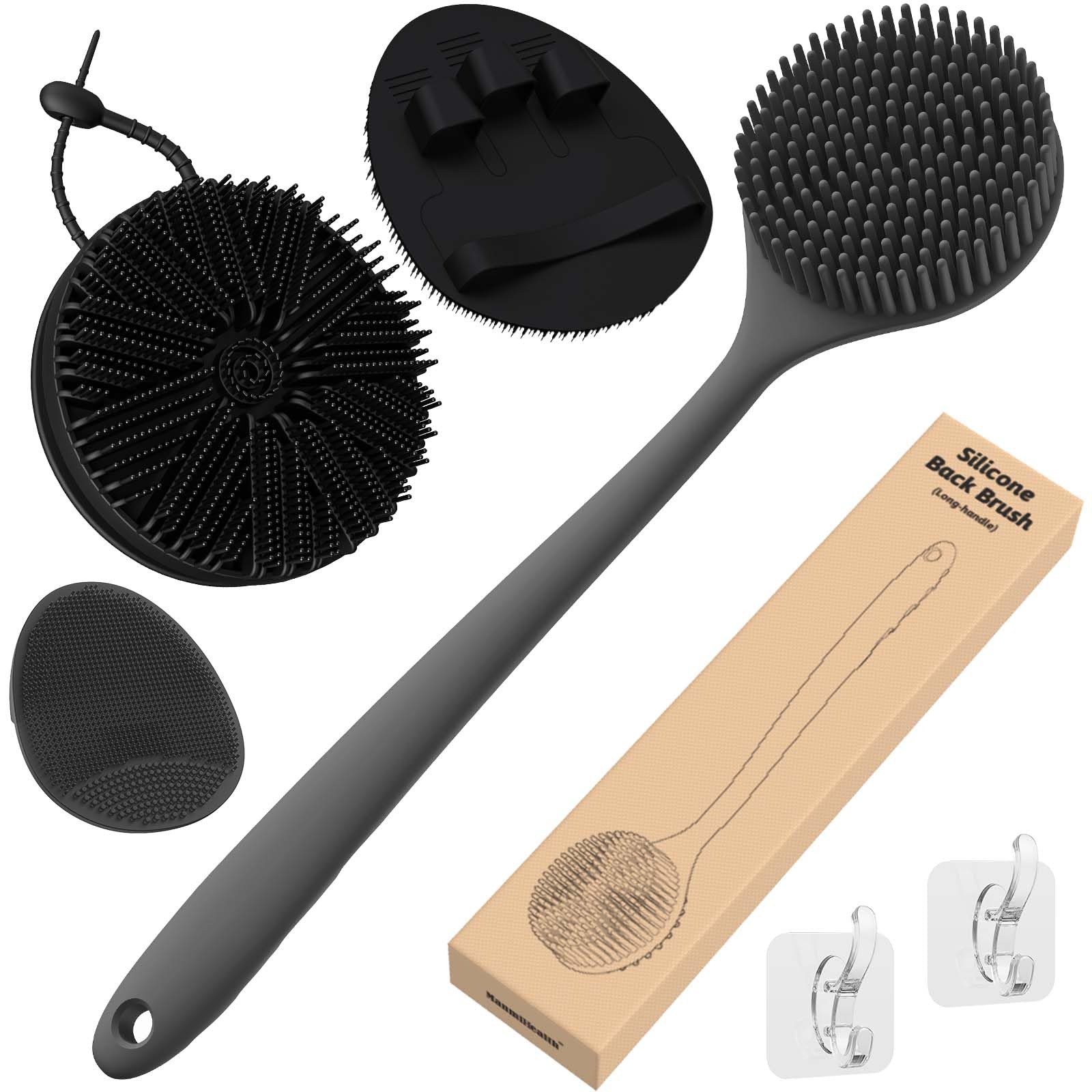 Manmihealth Silicone Back Scrubber Bath Brush Set Thick Bristles Black