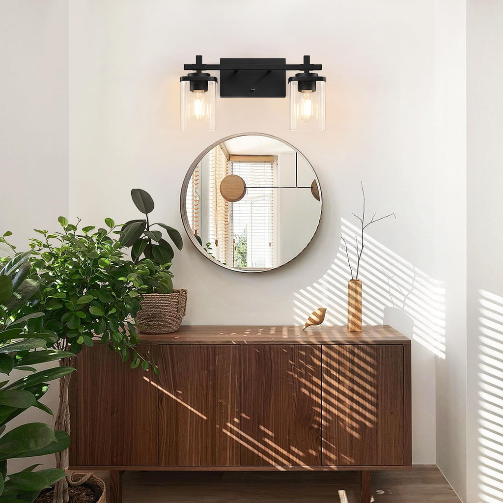 Spiglamm 2-Lights Bathroom Vanity Lights, Matte Black Vanity Light Fixtures Over Mirror, Modern Wall Sconces with Clear Glass Shade, Wall Light Fixture for Bedroom Hallway Living Room