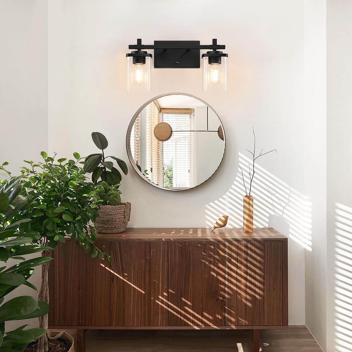 Spiglamm 2-Lights Bathroom Vanity Lights, Matte Black Vanity Light Fixtures Over Mirror, Modern Wall Sconces with Clear Glass Shade, Wall Light Fixture for Bedroom Hallway Living Room