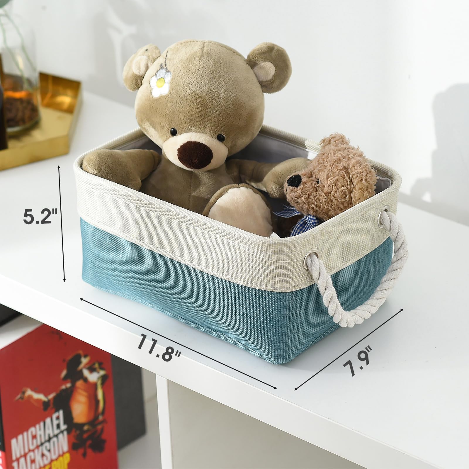 TheWarmHome Fabric Storage Bin with Handles,Storage Basket for Home Storage and Organization, Shelf Basket with Cover for Living Room Bedroom Decor Closet（White & Green,Small,11.8L×7.9W×5.2H