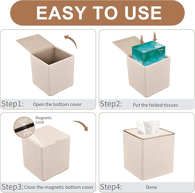 Tissue Box Cover, PU Leather Tissue Box Holder Square Box Covers for Home/Office/Car Decoration 5.3"X5.3"X5.8" - Beige