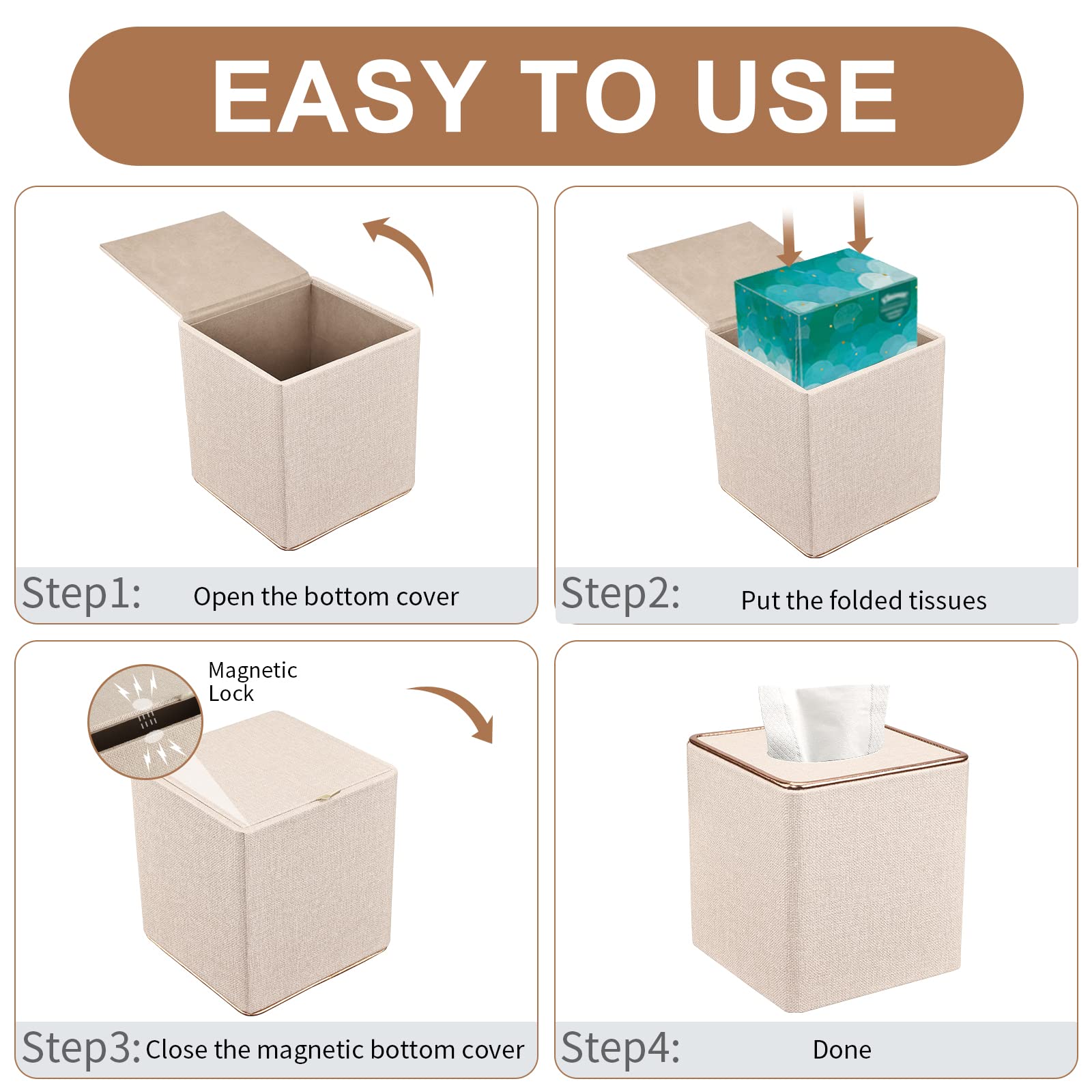 Tissue Box Cover, PU Leather Tissue Box Holder Square Box Covers for Home/Office/Car Decoration 5.3"X5.3"X5.8" - Beige