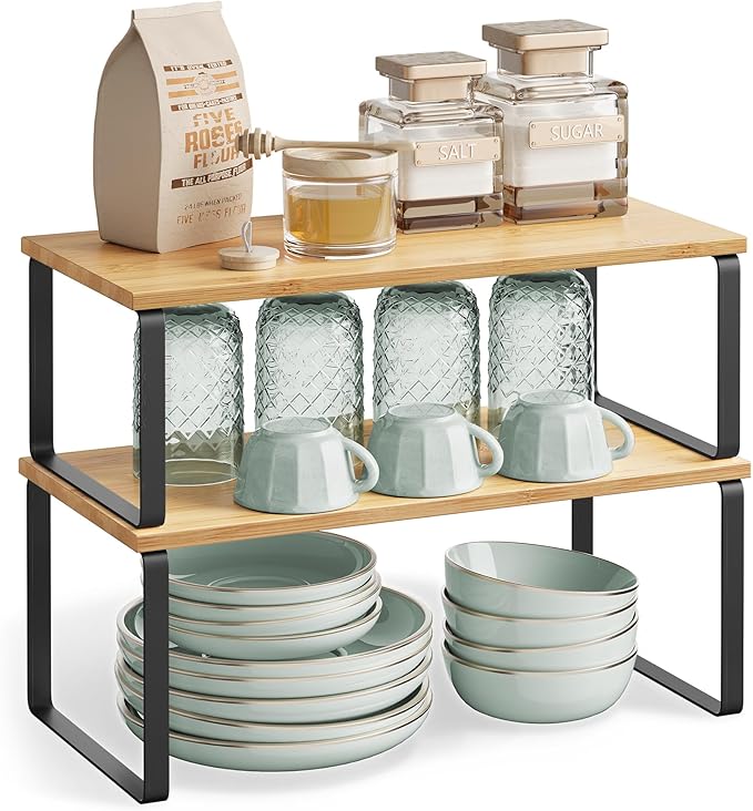 SONGMICS Cabinet Organizer Shelf, Set of 2 Kitchen Counter Shelves, Kitchen Storage, Spice Rack, Stackable, Expandable, Metal and Engineered Wood, 15.6 Inches, Ink Black and Natural Beige UKCS200B01