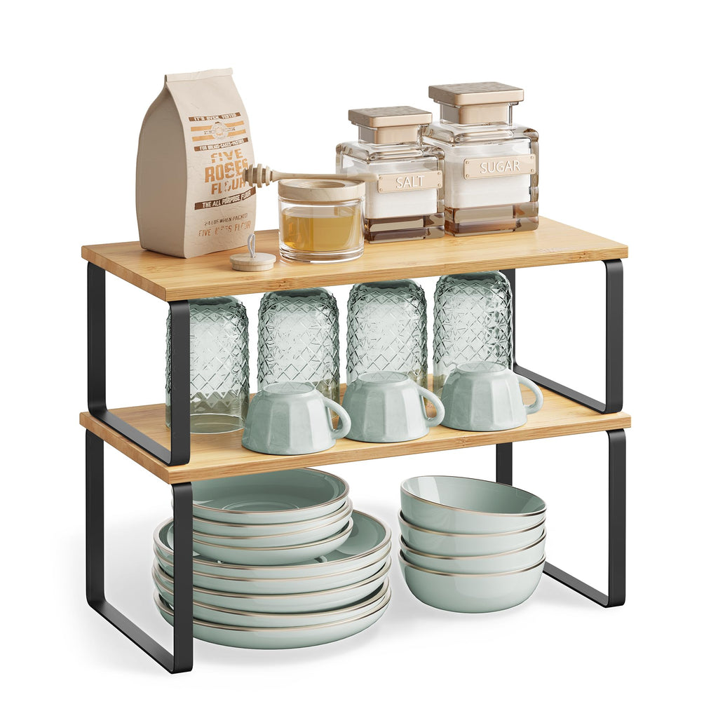 SONGMICS Cabinet Organizer Shelf, Set of 2 Kitchen Counter Shelves, Kitchen Storage, Spice Rack, Stackable, Expandable, Metal and Engineered Wood, 15.6 Inches, Ink Black and Natural Beige UKCS200B01