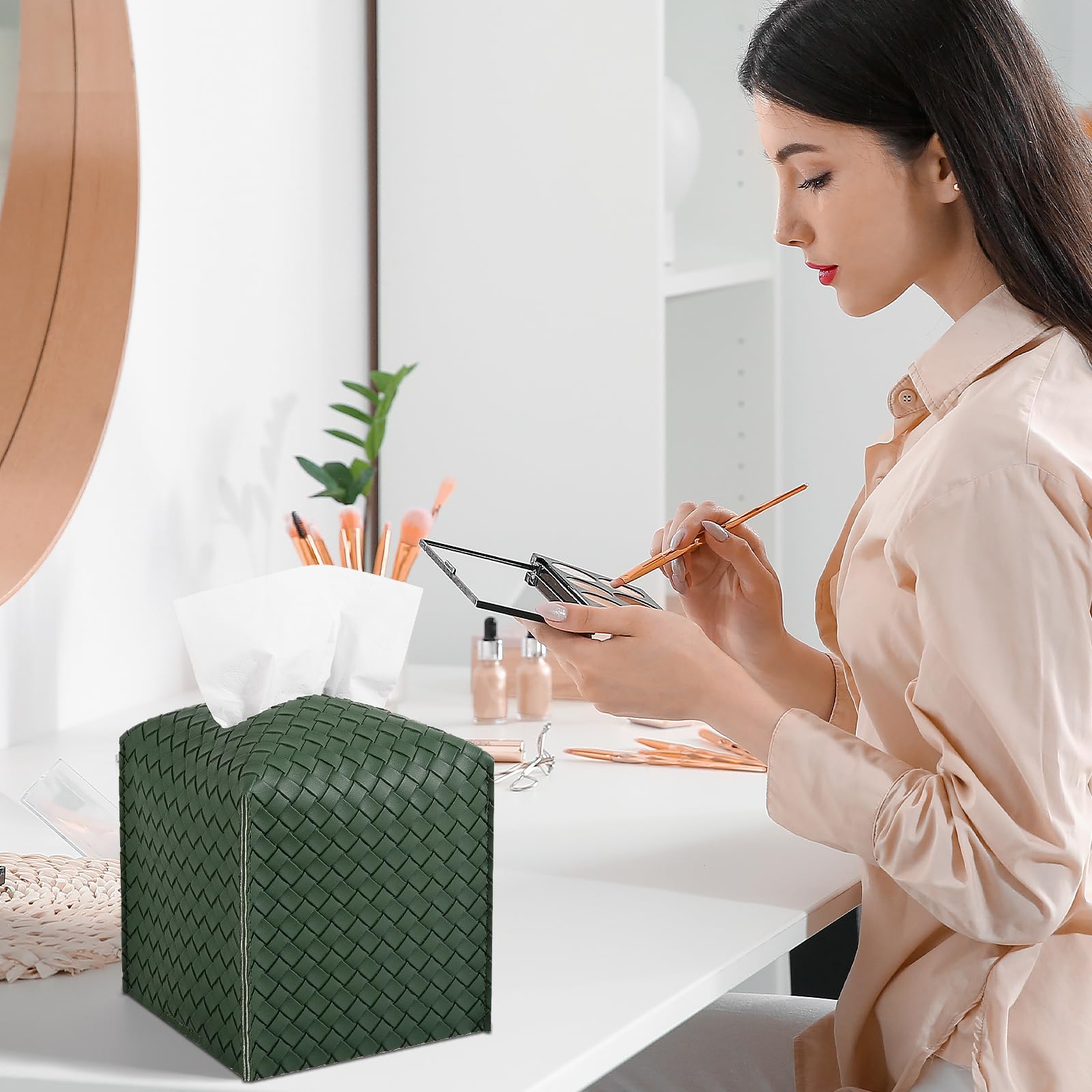 Tissue Box Cover Square Leather Facial Paper Holder, Dark Green