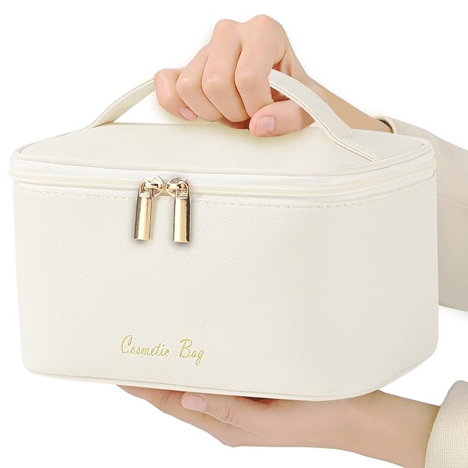 Meiyuuo Travel Makeup Bag for Women, PU Leather Cosmetic Bag, Beige