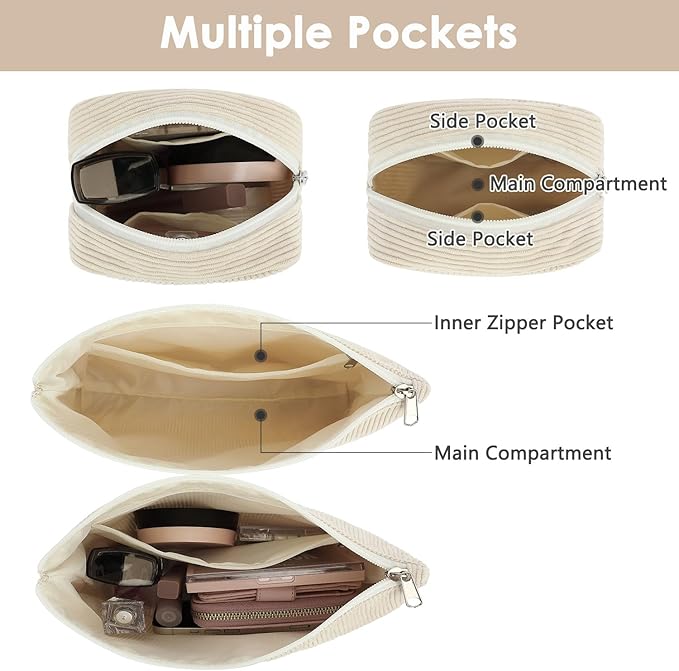 Fammart Corduroy Makeup Bag, Travel Cosmetic Bag Organizer Toiletry Bag Make Up Bags with Zipper & Compartments for Women Girls, 2PCS