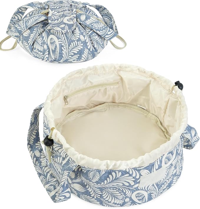Narwey Barrel Drawstring Makeup Bag Large Cosmetic Bag Make up Bags Toiletry Organizer for Women (Blue Leaf) (Patent)