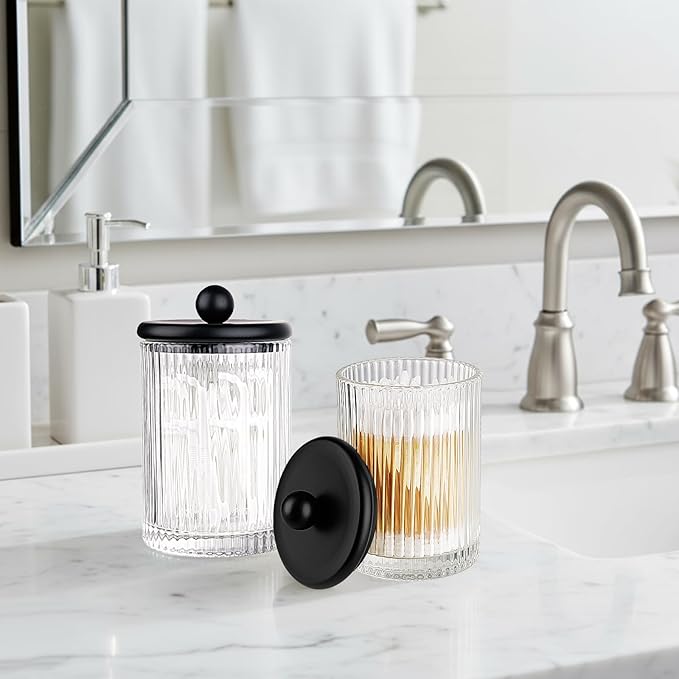 SheeChung 2 Pack Glass Qtip Holder - Apothecary Jars Bathroom Organizer with Metal Lids - Countertop Vanity Canister Set for Cotton Swabs, Rounds, Floss Picks-Modern Luxury Decor (Black Ribbed)