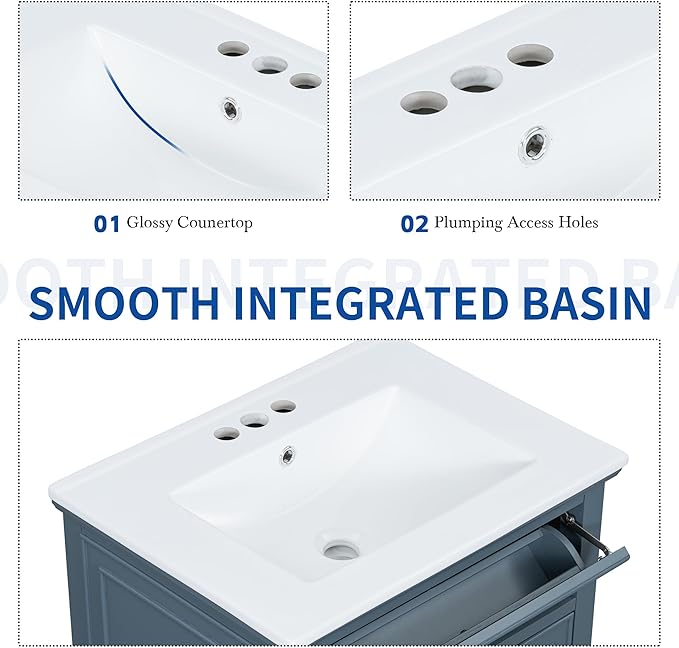 Harper & Bright Designs 24" Bathroom Vanity with Sink, Free Standing Single Basin Vanity Set with Tip-Out Drawer, 2 Drawers, and One Door, Storage Cabinet with Ceramic Basin for Bathroom, Blue Grey
